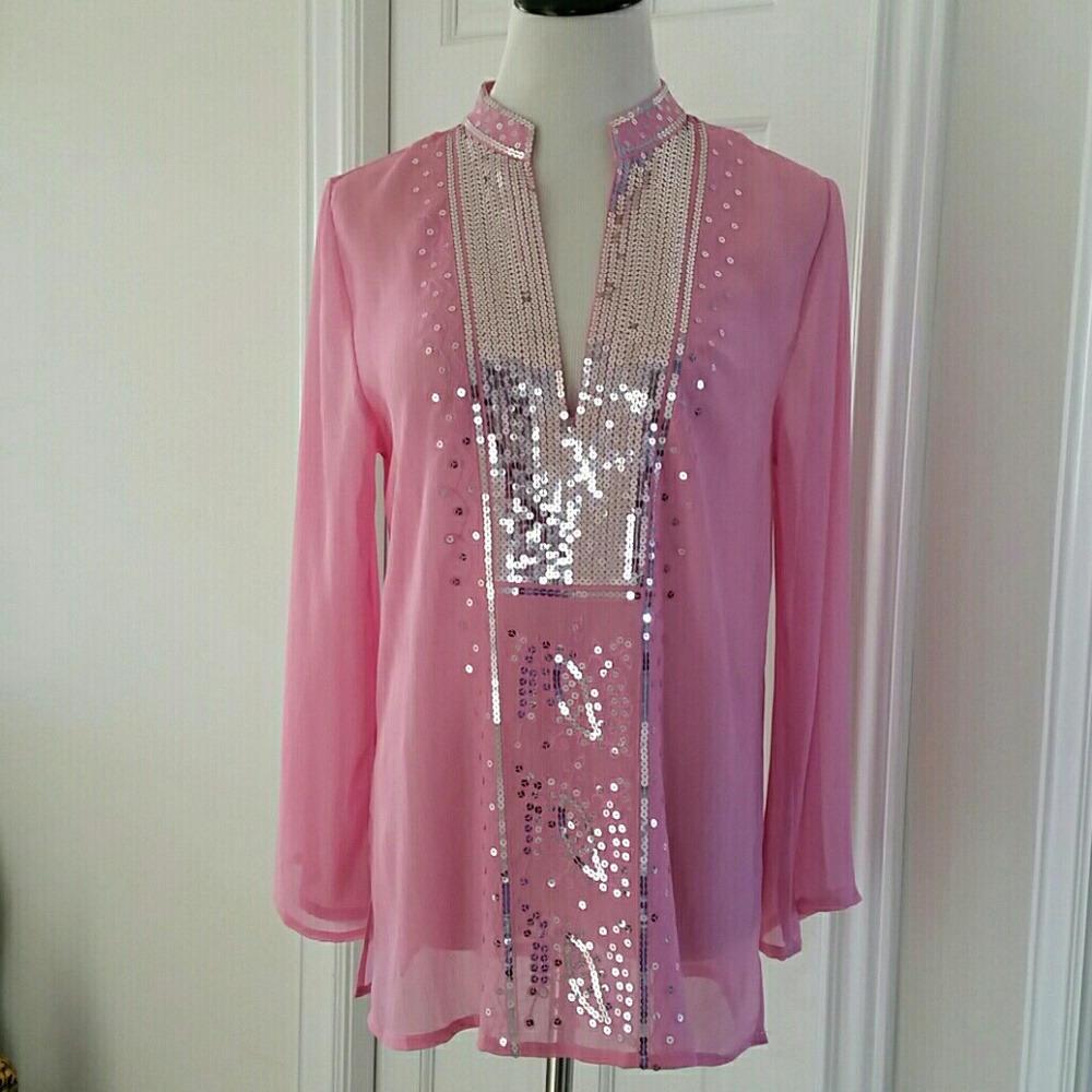 Stunning art sequined pink sheer shirt